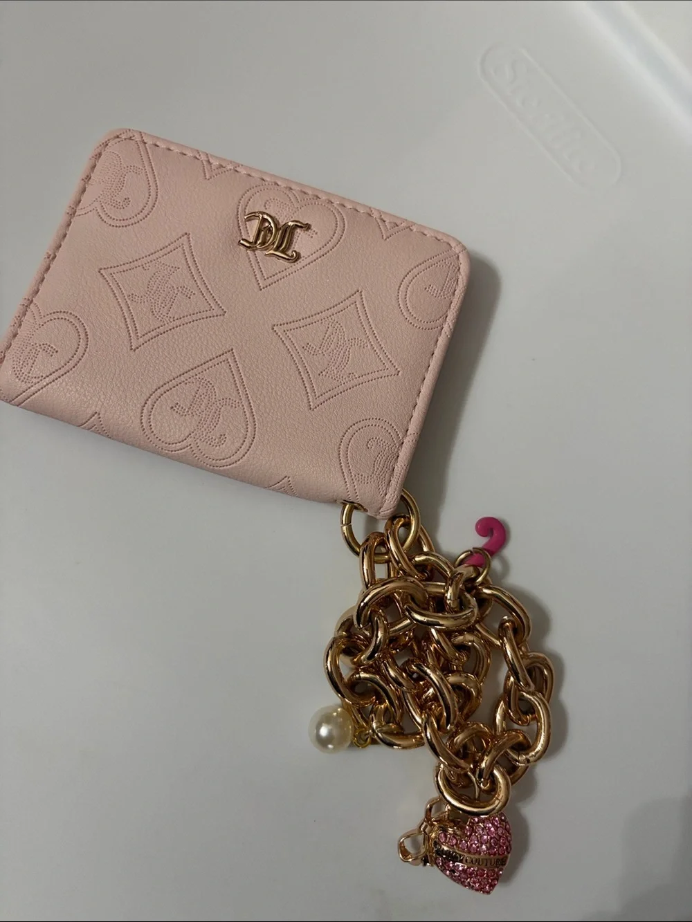 Juicy Couture Pink Embossed Leather Card Wallet with Gold Charm Chain